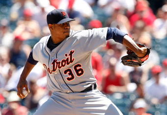 ANAHEIM, CA - AUGUST 26:  Edwin Jackson #36 of the Detroit Tigers pitches against the Los Angeles Angels of Anaheim at Angel Stadium on August 26, 2009 in Anaheim, California.  (Photo by Jeff Gross/Getty Images)