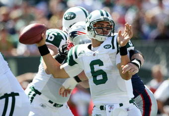 EAST RUTHERFORD, NJ - SEPTEMBER 20:  Mark Sanchez #6 of the New York Jets throws a pass against the New England Patriots at Giants Stadium on September 20, 2009 in East Rutherford, New Jersey.  (Photo by Nick Laham/Getty Images)