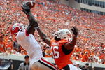 STILLWATER, OK - SEPTEMBER 5:  Wide receiver A.J. Green #8 of the Georgia Bulldogs is unable to hold onto the ball for an incomplete pass in front of Perrish Cox #16 of the Oklahoma State Cowboys during the first quarter of the game at Boone Pickens Stadium on September 5, 2009 in Stillwater, Oklahoma. (Photo by Christian Petersen/Getty Images)