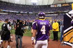 MINNEAPOLIS - SEPTEMBER 27: Brett Favre #4 of the Minnesota Vikings walks on to the field for warm-ups before his first regular season home game against the San Francisco 49ers at the Hubert H. Humphrey Metrodome on September 27, 2009 in Minneapolis, Minnesota. The Vikings defeatd the 49ers 27-24. (Photo by Jonathan Daniel/Getty Images)