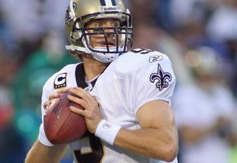 ORCHARD PARK, NY - SEPTEMBER 27:  Quarterback Drew Brees #9 of the New Orleans Saints looks to pass the ball during the game against the Buffalo Bills at Ralph Wilson Stadium on September 27, 2009 in Orchard Park, New York. The Saints won 27-7. (Photo by Rick Stewart/Getty Images)