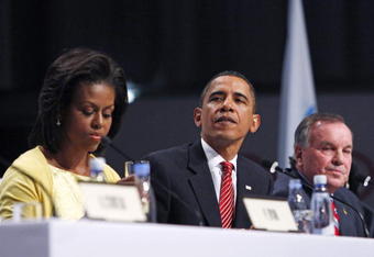 COPENHAGEN, DENMARK - OCTOBER 2:  U.S. President Barack Obama (C), first lady Michelle Obama and and Chicago Mayor Richard Daley attend a presentation in support of Chicago as the host city for the 2016 Summer Olympic Games on October 2, 2009 in Copenhagen, Denmark. The 121st session of the International Olympic Committee (IOC) will vote on October 2 on whether Chicago, Tokyo, Rio de Janeiro or Madrid will host the 2016 Olympic Games. (Photo by Charles Dharapak-Pool/Getty Images)