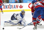 TORONTO - OCTOBER 1: Mike Cammallari #13 of the Montreal Canadiens is stopped by Vesa Toskala #35 of the Toronto Maple Leafs in the Maple Leafs' home opener on October 1, 2009 at the Air Canada Centre in Toronto, Ontario. The Canadiens defeated the Leafs 4-3 in overtime. (Photo by Claus Andersen/Getty Images)
