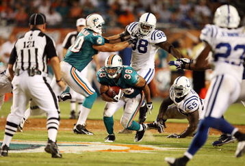 MIAMI - SEPTEMBER 21:  Running back Patrick Cobbs #38 of the Miami Dolphins looks for room to run against the Indianapolis Colts at Land Shark Stadium on September 21, 2009 in Miami, Florida. The Colts defeated the Dolphins 27-23.  (Photo by Doug Benc/Getty Images)