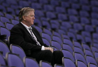 LONDON - SEPTEMBER 28:  Brian Burke, executive vice president and general manager of the Anaheim Ducks watches a practice session for the Los Angeles Kings and the Anaheim Ducks ice hockey teams at the O2 Arena on September 28, 2007 in Greenwich, London, England. (Photo by Bruce Bennett/Getty Images)