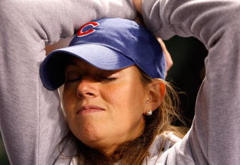 CHICAGO - OCTOBER 02:  Leela Sullivan, a fan of the Chicago Cubs, looks on dejected as they Cubs lost 10-3 against the Los Angeles Dodgers in Game Two of the NLDS during the 2008 MLB Playoffs at Wrigley Field on October 2, 2008 in Chicago, Illinois.  (Photo by Jamie Squire/Getty Images)