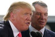 GREEN BAY, WI - JUNE 22:  Vince McMahon (L) and Donald Trump attend a press conference about the WWE at the Austin Straubel International Airport on June 22, 2009 in Green Bay, Wisconsin.  (Photo by Mark A. Wallenfang/Getty Images)