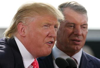 GREEN BAY, WI - JUNE 22:  Vince McMahon (L) and Donald Trump attend a press conference about the WWE at the Austin Straubel International Airport on June 22, 2009 in Green Bay, Wisconsin.  (Photo by Mark A. Wallenfang/Getty Images)