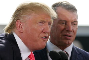 GREEN BAY, WI - JUNE 22:  Vince McMahon (L) and Donald Trump attend a press conference about the WWE at the Austin Straubel International Airport on June 22, 2009 in Green Bay, Wisconsin.  (Photo by Mark A. Wallenfang/Getty Images)