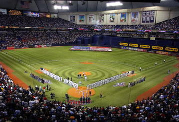 MINNEAPOLIS, MN - APRIL 6: The national anthem is played at the Minnesota Twins Opening Day game against the Seattle Mariners on April 6, 2009 at the Metrodome in Minneapolis, Minnesota. (Photo by Scott A. Schneider/Getty Images)