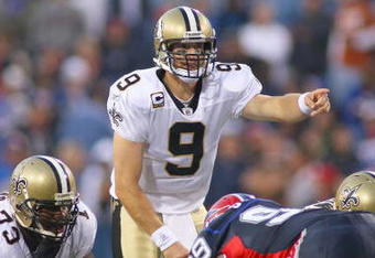ORCHARD PARK, NY - SEPTEMBER 27:  Quarterback Drew Brees #9 of the New Orleans Saints calls the play during the game against the Buffalo Bills at Ralph Wilson Stadium on September 27, 2009 in Orchard Park, New York. The Saints won 27-7. (Photo by Rick Stewart/Getty Images)