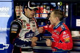 LOUDON, NH - SEPTEMBER 18:  Jimmie Johnson (L), driver of the #48 Lowe's Chevrolet, speaks with Mark Martin (R), driver of the #5 Kellogg's/CARQUEST Chevrolet during practice for the NASCAR Sprint Cup Series Sylvania 300 at the New Hampshire Motor Speedway on September 18, 2009 in Loudon, New Hampshire  (Photo by Jason Smith/Getty Images for NASCAR)