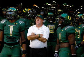 EUGENE, OR - SEPTEMBER 12:  Head Coach Chip Kelly of the Oregon Ducks waits to enter the field before the game against the Purdue Boilermakers  at Autzen Stadium on September 12, 2009 in Eugene, Oregon.  (Photo by Jonathan Ferrey/Getty Images)