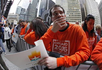 CHICAGO - OCTOBER 2: Michael Sweeney of Chicago reacts as Chicago was eliminated in the first round of votes during the 2016 Summer Olympic rally and announcement at Daley Plaza on October 2, 2009 in Chicago, Illinois. Chicago hoped to be selected over the other three finalists Madrid, Tokyo and Rio de Janeiro but was the first city eliminated. (Photo by Jim Prisching/Getty Images for Chicago 2016)