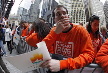 CHICAGO - OCTOBER 2: Michael Sweeney of Chicago reacts as Chicago was eliminated in the first round of votes during the 2016 Summer Olympic rally and announcement at Daley Plaza on October 2, 2009 in Chicago, Illinois. Chicago hoped to be selected over the other three finalists Madrid, Tokyo and Rio de Janeiro but was the first city eliminated. (Photo by Jim Prisching/Getty Images for Chicago 2016)