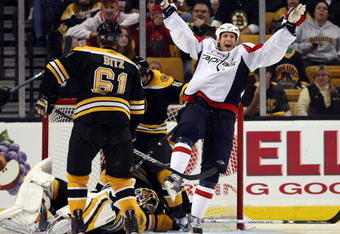 BOSTON - OCTOBER 01:  Brooks Laich #21 of the Washington Capitals celebrates his goal in the third period against the Boston Bruins on October 1, 2009 at the TD Banknorth Garden in Boston, Massachusetts. The Capitals defeated the Bruins 4-1.  (Photo by Elsa/Getty Images)