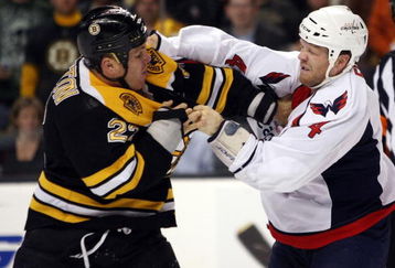 BOSTON - OCTOBER 01:  John Erskine #4 of the Washington Capitals and Shawn Thornton #22 of the Boston Bruins exchange punches on October 1, 2009 at the TD Banknorth Garden in Boston, Massachusetts. The Capitals defeated the Bruins 4-1.  (Photo by Elsa/Getty Images)