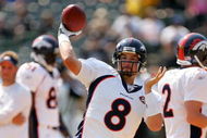 OAKLAND, CA - SEPTEMBER 27:  Kyle Orton #8 of the Denver Broncos warms up before their game against the Oakland Raiders at the Oakland-Alameda County Coliseum on September 27, 2009 in Oakland, California.  (Photo by Ezra Shaw/Getty Images)