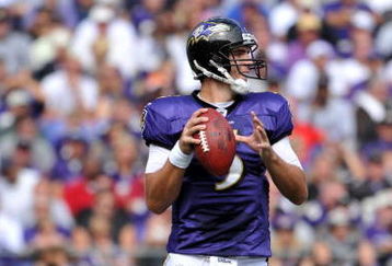 BALTIMORE - SEPTEMBER 27:  Joe Flacco #5 of the Baltimore Ravens looks to pass during the game against the Cleveland Browns at M&T Bank Stadium on September 27, 2009 in Baltimore, Maryland. The Ravens defeated the Browns 34-3. (Photo by Larry French/Getty Images)