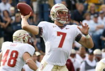PROVO, UT - SEPTEMBER 19:  Christian Ponder #7 of Florida State Seminoles passes the ball against Brigham Young University Cougars at La Vell Edwards Stadium on September 19, 2009 in Provo, Utah.  (Photo by Melissa Majchrzak via Getty Images)
