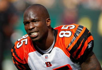 GREEN BAY, WI - SEPTEMBER 20: Wide receiver Chad Ochocinco #85 of the Cincinnati Bengals stretches in warm ups prior to the game against the Green Bay Packers at Lambeau Field on September 20, 2009 in Green Bay, Wisconsin. (Photo by Scott Boehm/Getty Images)