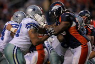 DENVER - AUGUST 16:  Offensive tackle Ryan Clady #78 of the Denver Broncos blocks defensive end Stephen Bowen #72 of the Dallas Cowboys during preseason NFL action at Invesco Field at Mile High on August 16, 2008 in Denver, Colorado. The Broncos defeated the Cowboys 23-13.  (Photo by Doug Pensinger/Getty Images)