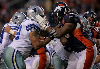 DENVER - AUGUST 16:  Offensive tackle Ryan Clady #78 of the Denver Broncos blocks defensive end Stephen Bowen #72 of the Dallas Cowboys during preseason NFL action at Invesco Field at Mile High on August 16, 2008 in Denver, Colorado. The Broncos defeated the Cowboys 23-13.  (Photo by Doug Pensinger/Getty Images)