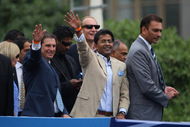 CAPE TOWN, SOUTH AFRICA - APRIL 16: Lalit Modi (C), the Chairman of the IPL, and former captain of India Ravi Shastri (R) take part in the parade through the centre of Cape Town April 16, 2009 in Cape Town, South Africa. (Photo by Tom Shaw/Getty Images)