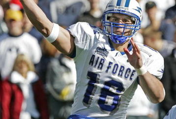 PROVO, UT - OCTOBER 29:  Quarterback Adam Fitch #16 of Air Force passes against Brigham Young University during the second quarter October 29, 2005 at LaVell Edwards Stadium in Provo, Utah. Fitch replaced Shaun Carney who cut his left hand and had to leave the game.  (Photo by George Frey/Getty Images)