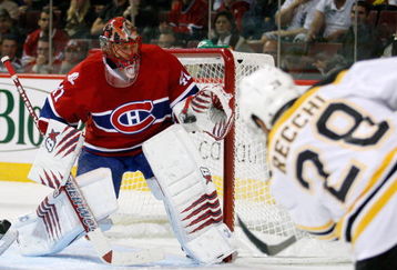 MONTREAL- SEPTEMBER 24:  Jaroslav Halak #41 of the Montreal Canadiens makes a glove save on a shot by Mark Recchi #28 of the Boston Bruins during their NHL Preseason game on September 24, 2009 at the Bell Centre in Montreal, Quebec, Canada.  The Bruins defeated the Canadiens 2-1 in a shootout.  (Photo by Richard Wolowicz/Getty Images)