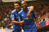 LONDON - OCTOBER 04:  Nicolas Anelka of Chelsea celebrates with Deco (L) as he scores their first goal during the Barclays Premier League match between Chelsea and Liverpool at Stamford Bridge on October 4, 2009 in London, England.  (Photo by Ian Walton/Getty Images)