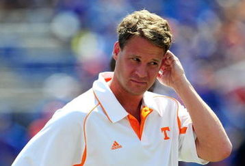 GAINESVILLE, FL - SEPTEMBER 19:  Head coach Lane Kiffin of the Tennessee Volunteers watches the action prior to the game against the Florida Gators at Ben Hill Griffin Stadium on September 19, 2009 in Gainesville, Florida.  (Photo by Sam Greenwood/Getty Images)