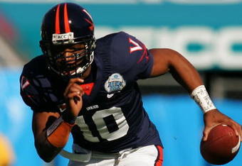 JACKSONVILLE, FL - JANUARY 01:  Jameel Sewell #10 of the Virginia Cavaliers scrambles during the Gator Bowl against the Texas Tech Red Raiders at Jacksonville Municipal Stadium on January 1, 2008 in Jacksonville, Florida.  (Photo by Sam Greenwood/Getty Images)