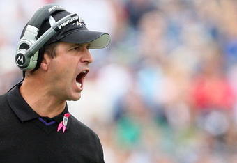 FOXBORO, MA - OCTOBER 4:  Coach John Harrington of the Baltimore Ravens reacts to a call during a game with the New England Patriots at Gillette Stadium on October 4, 2009 in Foxboro, Massachusetts. (Photo by Jim Rogash/Getty Images)