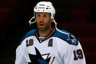 ANAHEIM, CA - SEPTEMBER 21:  Joe Thornton #19 of the San Jose Sharks warms up prior to the preseason game against the Anaheim Ducks at the Honda Center on September 21, 2009 in Anaheim, California. The Ducks defeated the Sharks 3-2.  (Photo by Jeff Gross/Getty Images)