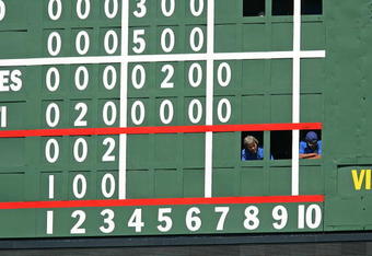CHICAGO - AUGUST 30: Workers in the scoreboard look at fans in the center field bleachers during a game between  the Chicago Cubs and the New York Mets on August 30, 2009 at Wrigley Field in Chicago, Illinois.  The Mets defeated the Cubs 4-1. (Photo by Jonathan Daniel/Getty Images)
