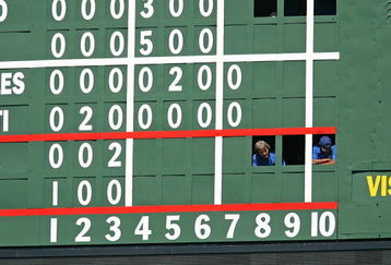 CHICAGO - AUGUST 30: Workers in the scoreboard look at fans in the center field bleachers during a game between  the Chicago Cubs and the New York Mets on August 30, 2009 at Wrigley Field in Chicago, Illinois.  The Mets defeated the Cubs 4-1. (Photo by Jonathan Daniel/Getty Images)