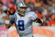 DENVER - OCTOBER 04: Quarterback Tony Romo #9 of the Dallas Cowboys rolls out to pass against the Denver Broncos during NFL action at Invesco Field at Mile High on October 4, 2009 in Denver, Colorado. (Photo by Doug Pensinger/Getty Images)