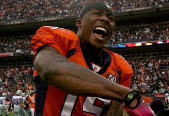 DENVER - OCTOBER 04:  Brandon Marshall #15 of the Denver Broncos celebrates after the final play against the Dallas Cowboys during NFL action at Invesco Field at Mile High on October 4, 2009 in Denver, Colorado. Marshall caught a game winning 51 yard reception late in the fourth quarter as the Broncos defeated the Cowboys 17-10.  (Photo by Doug Pensinger/Getty Images)