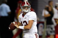 ATLANTA - SEPTEMBER 05:  Quarterback Greg McElroy #12 of the Alabama Crimson Tide against the Virginia Tech Hokies during the Chick-fil-A Kickoff Game at Georgia Dome on September 5, 2009 in Atlanta, Georgia.  (Photo by Kevin C. Cox/Getty Images)