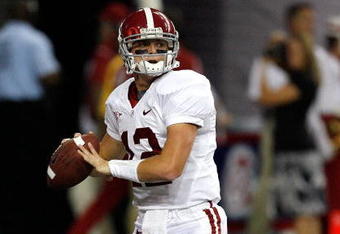 ATLANTA - SEPTEMBER 05:  Quarterback Greg McElroy #12 of the Alabama Crimson Tide against the Virginia Tech Hokies during the Chick-fil-A Kickoff Game at Georgia Dome on September 5, 2009 in Atlanta, Georgia.  (Photo by Kevin C. Cox/Getty Images)