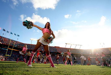 MIAMI - OCTOBER 04:  A Dolphins cheerleader performs as the Buffalo Bills take on the Miami Dolphins at Land Shark Stadium on October 4, 2009 in Miami, Florida. The Dolphins defeated the Bills 38-10. Many players and officials in the NFL wore pink as part of breast cancer awareness month.  (Photo by Doug Benc/Getty Images)