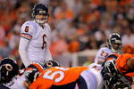 DENVER - AUGUST 30:  Quarterback Jay Cutler #6 of the Chicago Bears runs the offense against the Denver Broncos during preseason NFL action at INVESCO Field at Mile High on August 30, 2009 in Denver, Colorado. The Bears defeated the Broncos 27-17.  (Photo by Doug Pensinger/Getty Images)