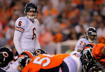 DENVER - AUGUST 30:  Quarterback Jay Cutler #6 of the Chicago Bears runs the offense against the Denver Broncos during preseason NFL action at INVESCO Field at Mile High on August 30, 2009 in Denver, Colorado. The Bears defeated the Broncos 27-17.  (Photo by Doug Pensinger/Getty Images)