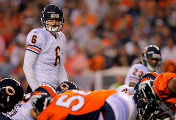 DENVER - AUGUST 30:  Quarterback Jay Cutler #6 of the Chicago Bears runs the offense against the Denver Broncos during preseason NFL action at INVESCO Field at Mile High on August 30, 2009 in Denver, Colorado. The Bears defeated the Broncos 27-17.  (Photo by Doug Pensinger/Getty Images)