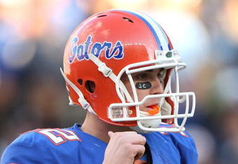 GAINESVILLE, FL - NOVEMBER 22:  John Brantley #12 of the Florida Gators celebrates after throwing a touchdown against the Citadel Bulldogs during the game at Ben Hill Griffin Stadium on November 22, 2008 in Gainesville, Florida.  (Photo by Sam Greenwood/Getty Images)