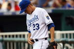 KANSAS CITY, MO - JUNE 17:  Zack Greinke #23 of the Kansas City Royals walks to the mound during the game against the Arizona Diamondbacks on June 17, 2009 at Kauffman Stadium in Kansas City, Missouri. (Photo by Jamie Squire/Getty Images)