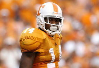 KNOXVILLE, TN - SEPTEMBER 12: Eric Berry #14 of the Tennessee Volunteers looks on against the UCLA Bruins on September 12, 2009 at Neyland Stadium in Knoxville, Tennessee. UCLA beat Tennessee 19-15. (Photo by Joe Murphy/Getty Images)
