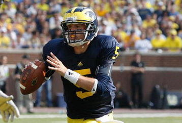 ANN ARBOR, MI - SEPTEMBER 5:  Tate Forcier #5 of the Michigan Wolverines rolls out during the game against the Western Michigan Broncos on September 5, 2009 at Michigan Stadium in Ann Arbor, Michigan. (Photo by Gregory Shamus/Getty Images) 