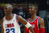 ATLANTA, GA - FEBRUARY 9:  Michael Jordan (Washington Wizards) #23 of the Eastern Conference All-Stars jokes with Kobe Bryant (Los Angeles Lakers) #8 of the Western Conference All-Stars during the 2003 NBA All-Star Game on February 9, 2003 at Philips Arena in Atlanta, Georgia.  NOTE TO USER:  User expressly acknowledges and agrees that, by downloading and or using this photograph, user is consenting to the terms and conditions of the Getty Images license agreement. (Photo by Jamie Squire/Getty Images)